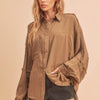 Aemi + Co Raw Edge Exposed Seam Collared Neck Long Sleeve Shirt - Camel
