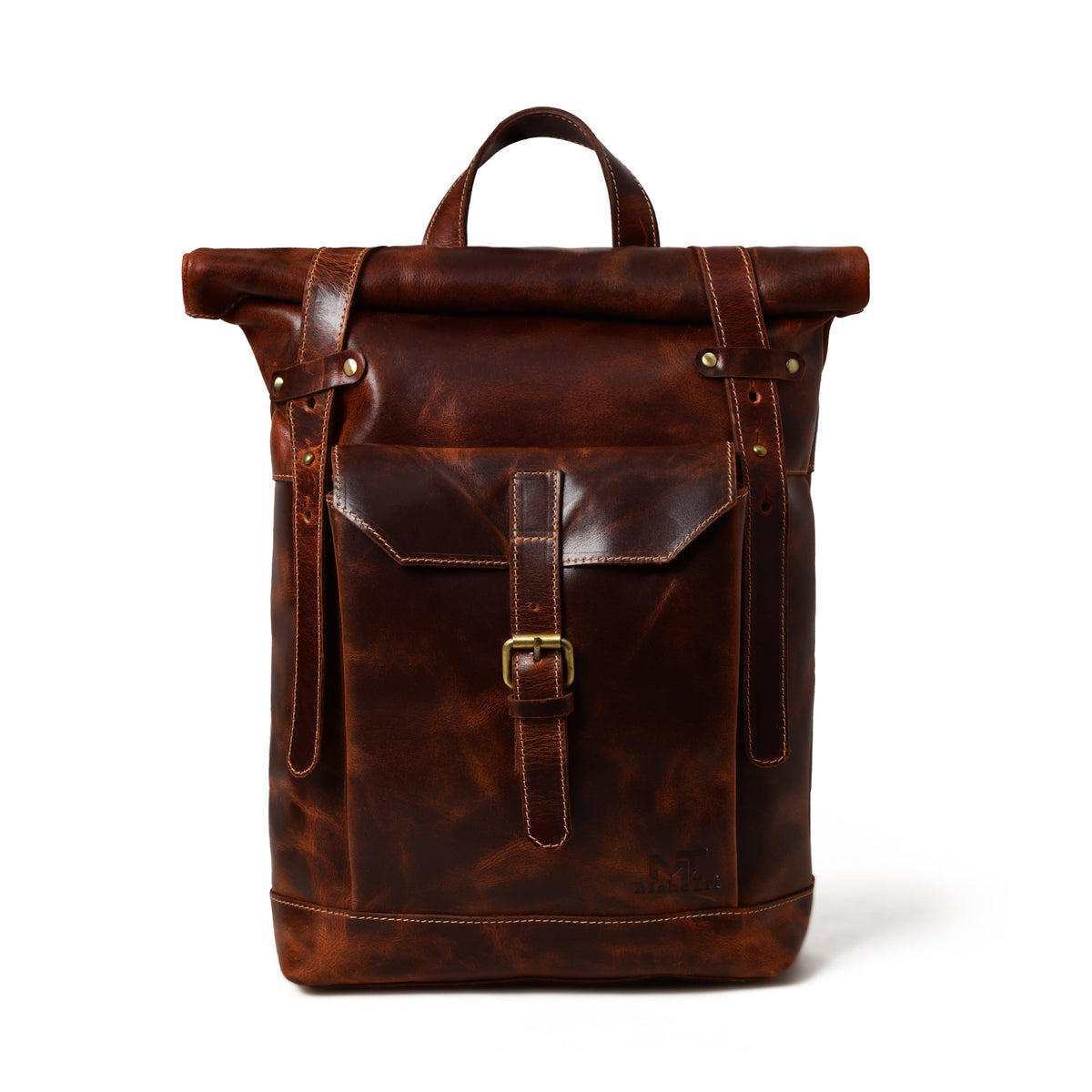 Brown Saddleback Backpack Roll Top by Classy Leather Bags, made of durable leather with a sleek roll-top design and adjustable straps.