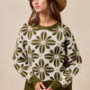 BiBi Flower Pattern Long Sleeve Sweater - OLIVE/IVORY