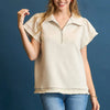 Umgee Frill Hem Half-Zip Collared Blouse - Cream