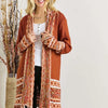 ADORA Full Size Fringe Hem Aztec Border Cardigan Plus Size - RUST