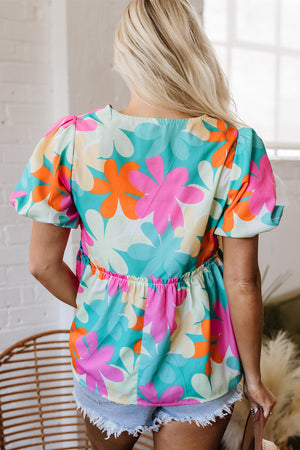 Rayne Floral V Neck Peplum Blouse - Farnelli