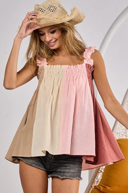 BiBi Frill Shoulder Strap Color Block Bodice Top - Farnelli