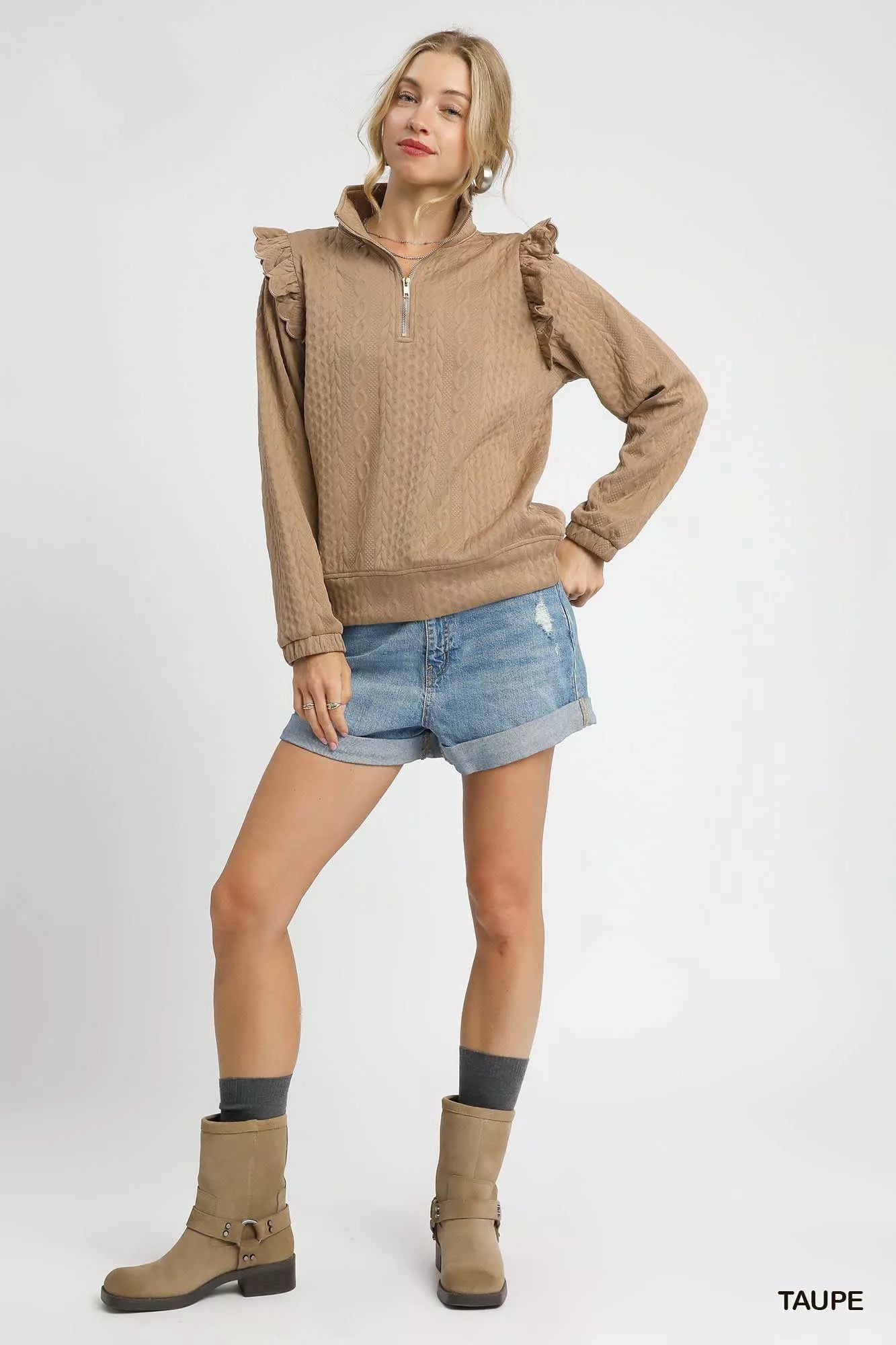 Umgee Cable Knit Textured Pullover with Ruffle Shoulders - Farnelli