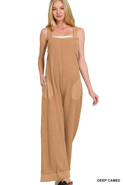 Zenana Knit Waffle Wide Leg Overalls - Farnelli