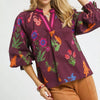 Umgee Floral Print Flounce Sleeve Blouse - BURGUNDY MIX