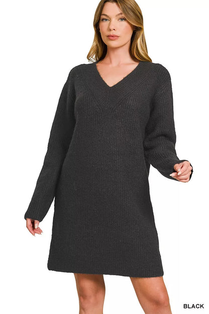V-Neck Long Sleeve Ribbed Sweater Dress - Farnelli
