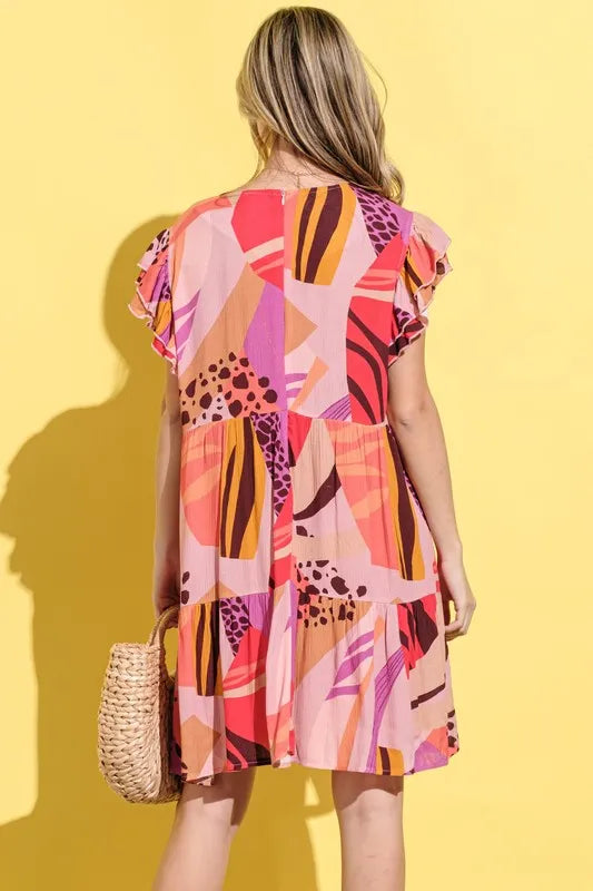 And The Why Printed Double Ruffles Sleeve Dress - Farnelli
