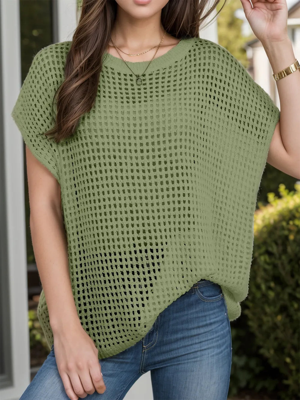Openwork Round Neck Short Sleeve Cover-Up - Farnelli