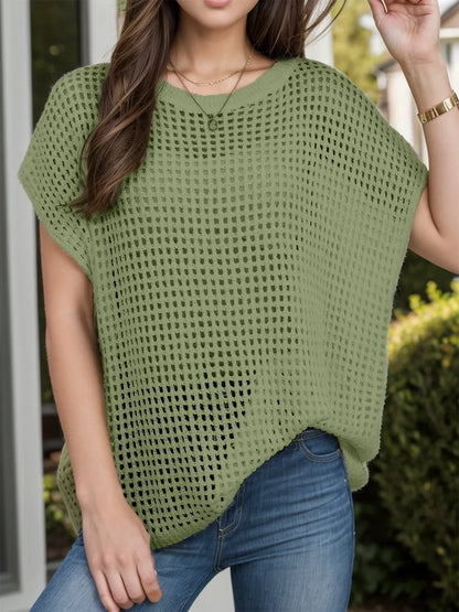 Openwork Round Neck Short Sleeve Cover-Up - Farnelli