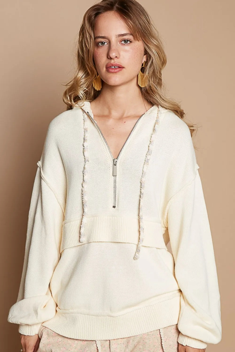 POL Half Zip Drop Shoulder Hooded Sweater - Farnelli
