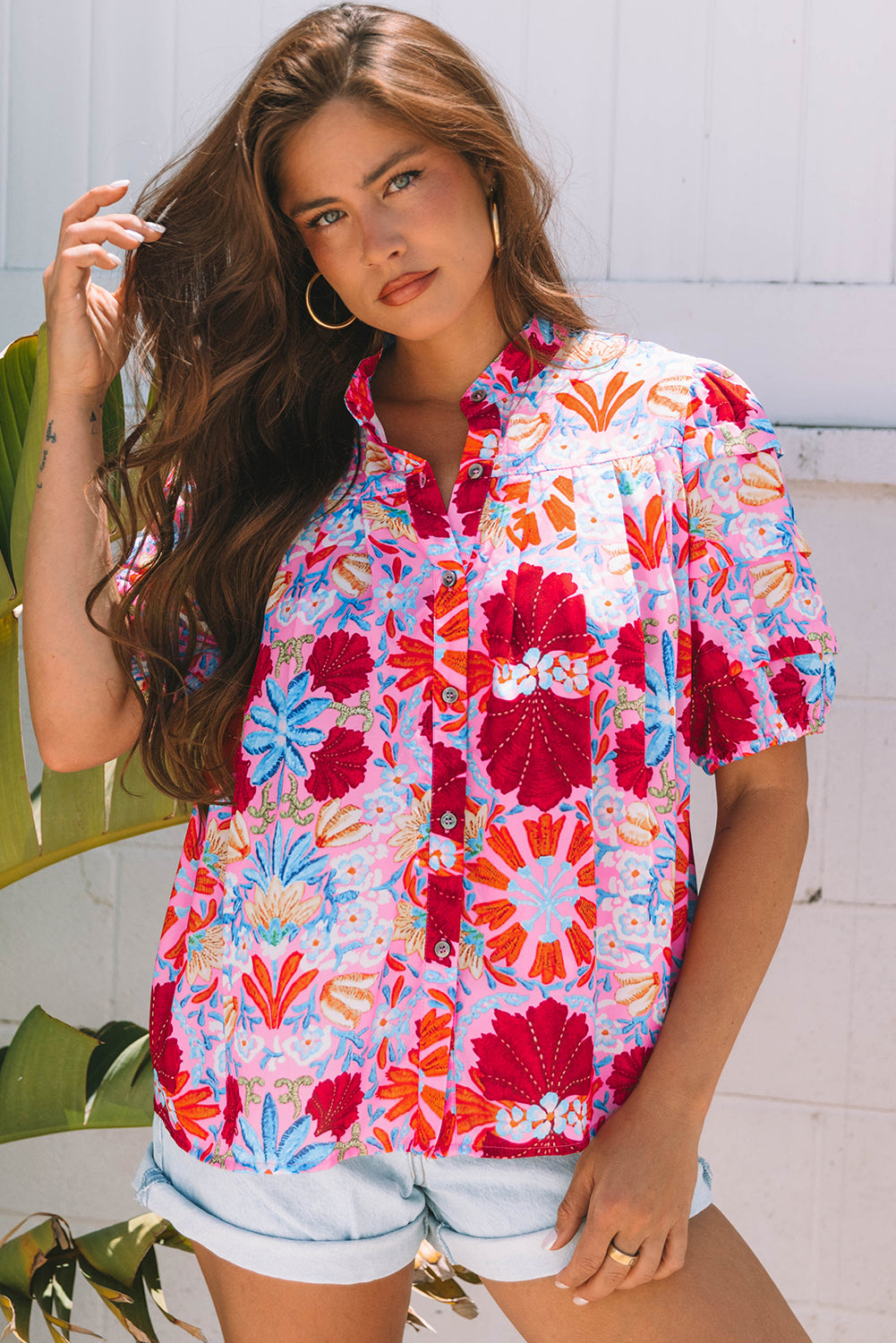 Mikaela Floral Bubble Sleeve Button Up Pleated Shirt - Farnelli