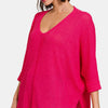 Zenana V-Neck High-Low Jacquard Knit Top - Viva Magenta