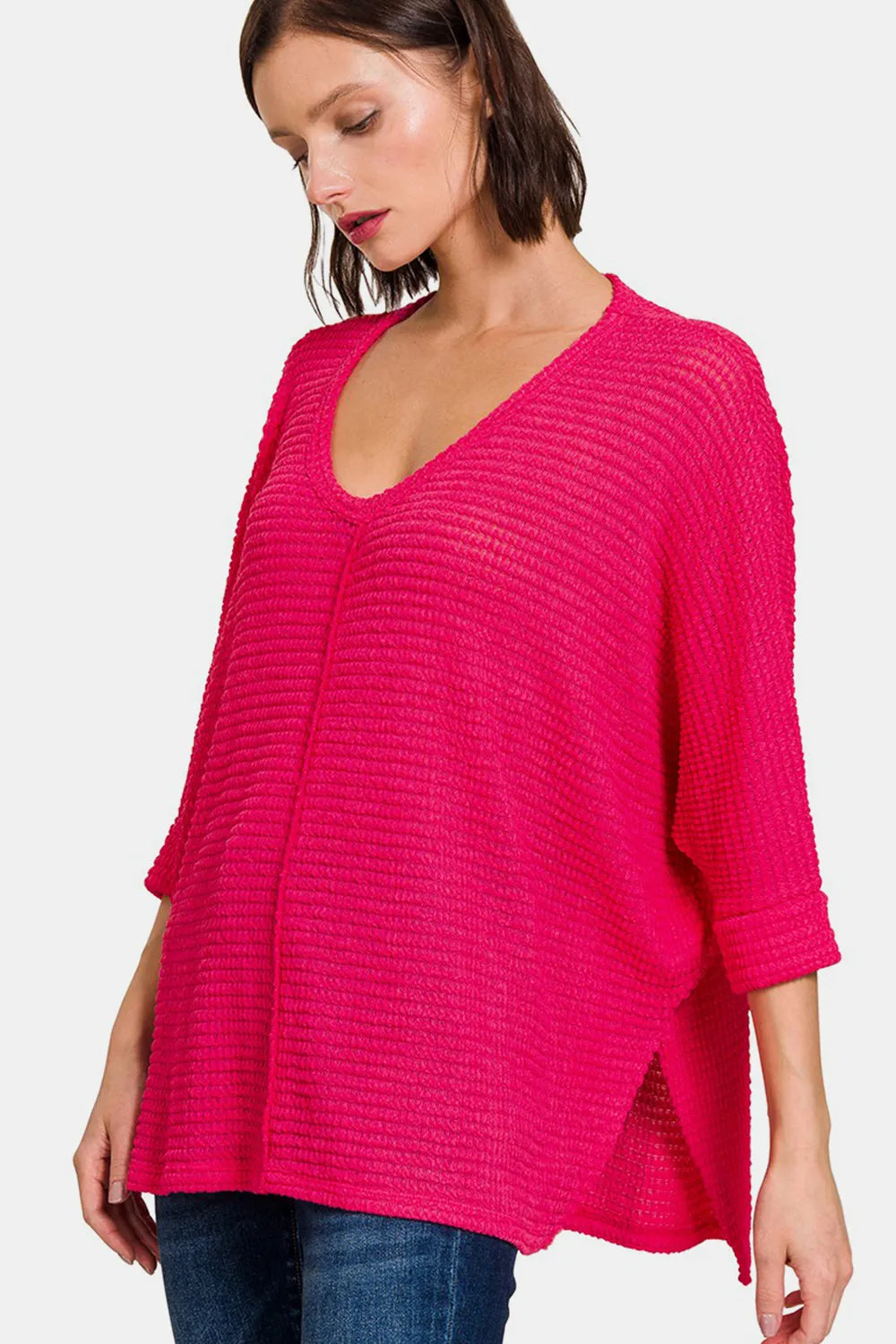 Zenana V-Neck High-Low Jacquard Knit Top - Farnelli