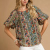 Umgee Boho Floral Stripe Puff Sleeve Blouse - Green