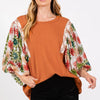 SAGE + FIG Full Size Printed Balloon Sleeve Contrast Top - Caramel