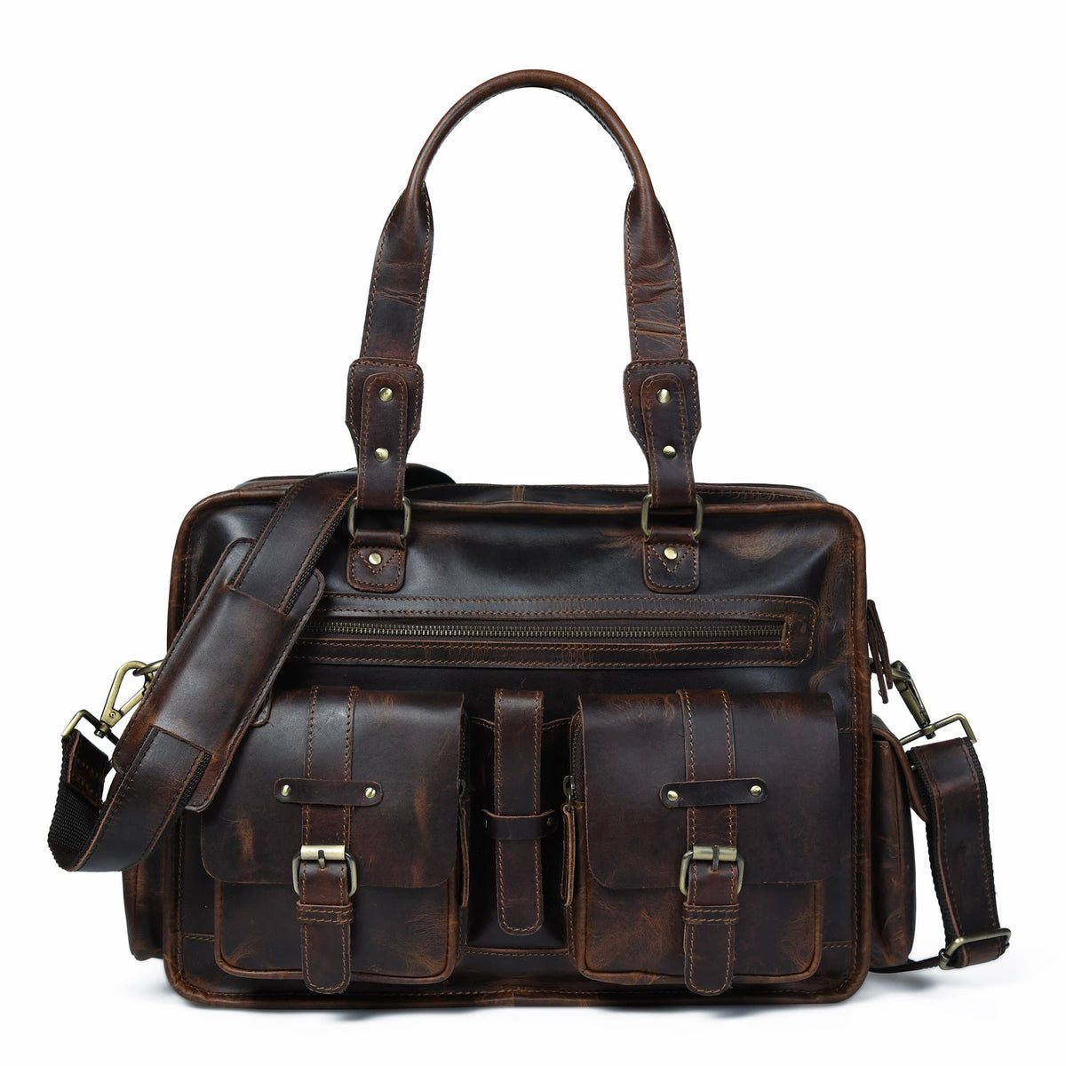 Dryden Buffalo Briefcase by Classy Leather Bags, brown leather briefcase with sturdy handles and metal clasp, front view.