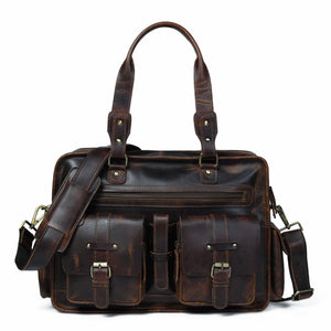 Dryden Buffalo Briefcase by Classy Leather Bags, brown leather briefcase with sturdy handles and metal clasp, front view.