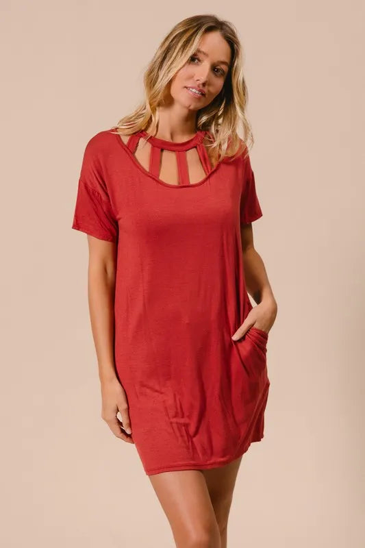 BiBi Front Cutout Mini Tee Dress with Pockets - Farnelli