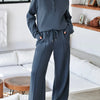 Collared Sweatshirt and High Waist Pants Active Set - Dusty Blue