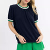 Umgee Puff Sleeve Knit Top with Contrast Rib Trim - NAVY