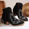 Fringe Point Toe Block Heels Boots - Black