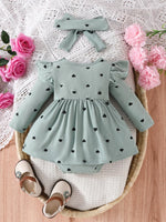 Children's Heart Print Ruffle Trim Bodysuit Dress with Headband - Farnelli