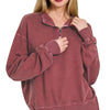 Zenana F/terry Pigment Dye & Enzyme Washing Half Zip Top - CABERNET
