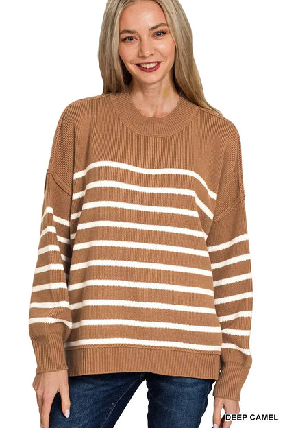 Zenana Exposed Seam Striped Oversized Sweater - Farnelli