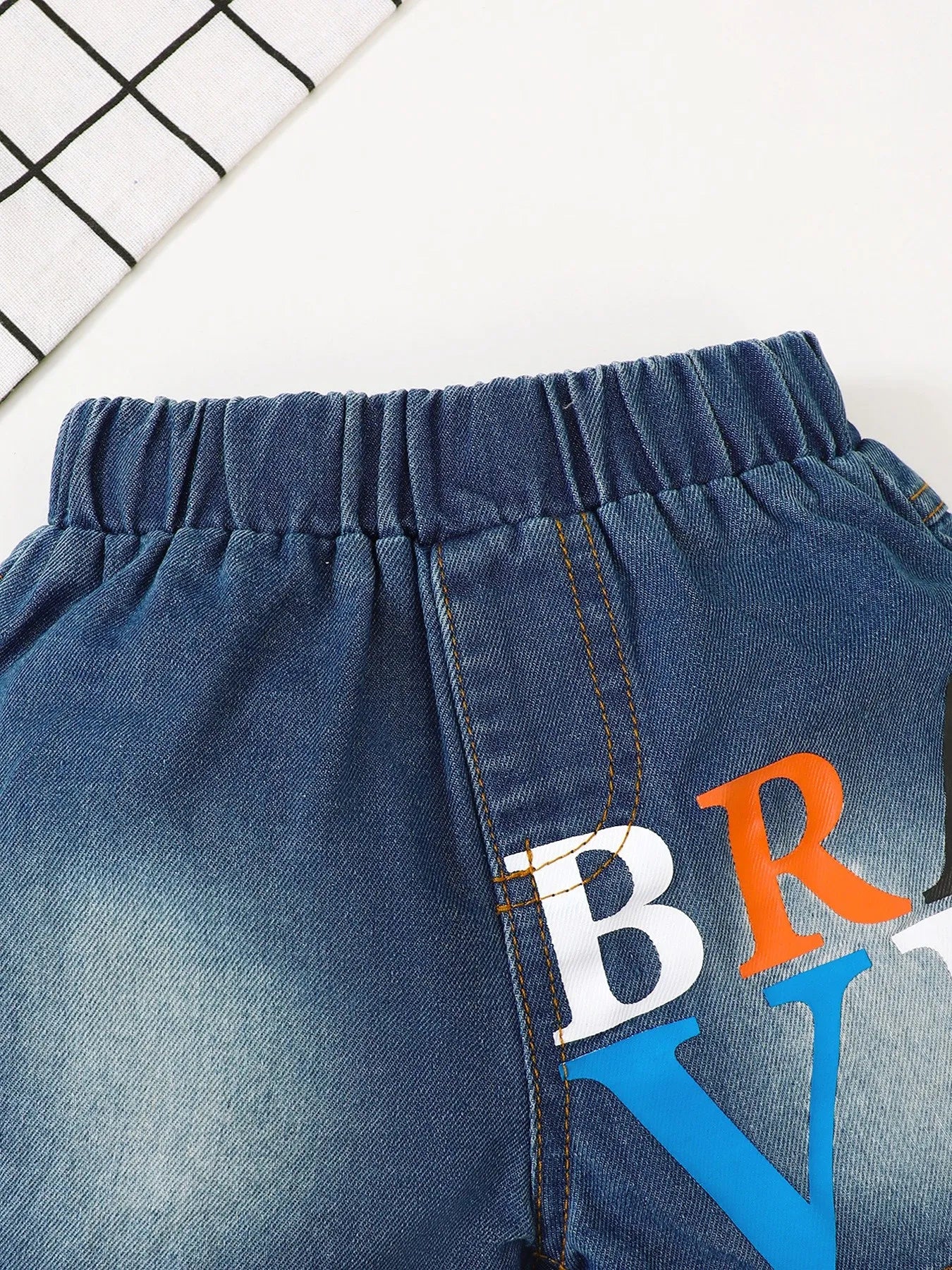 Children's Letter Round Neck Top and Denim Shorts Set - Farnelli