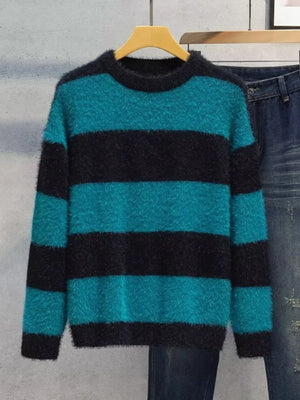 Men's Plus Size Striped Fuzzy Knit Pullover Sweater - Farnelli