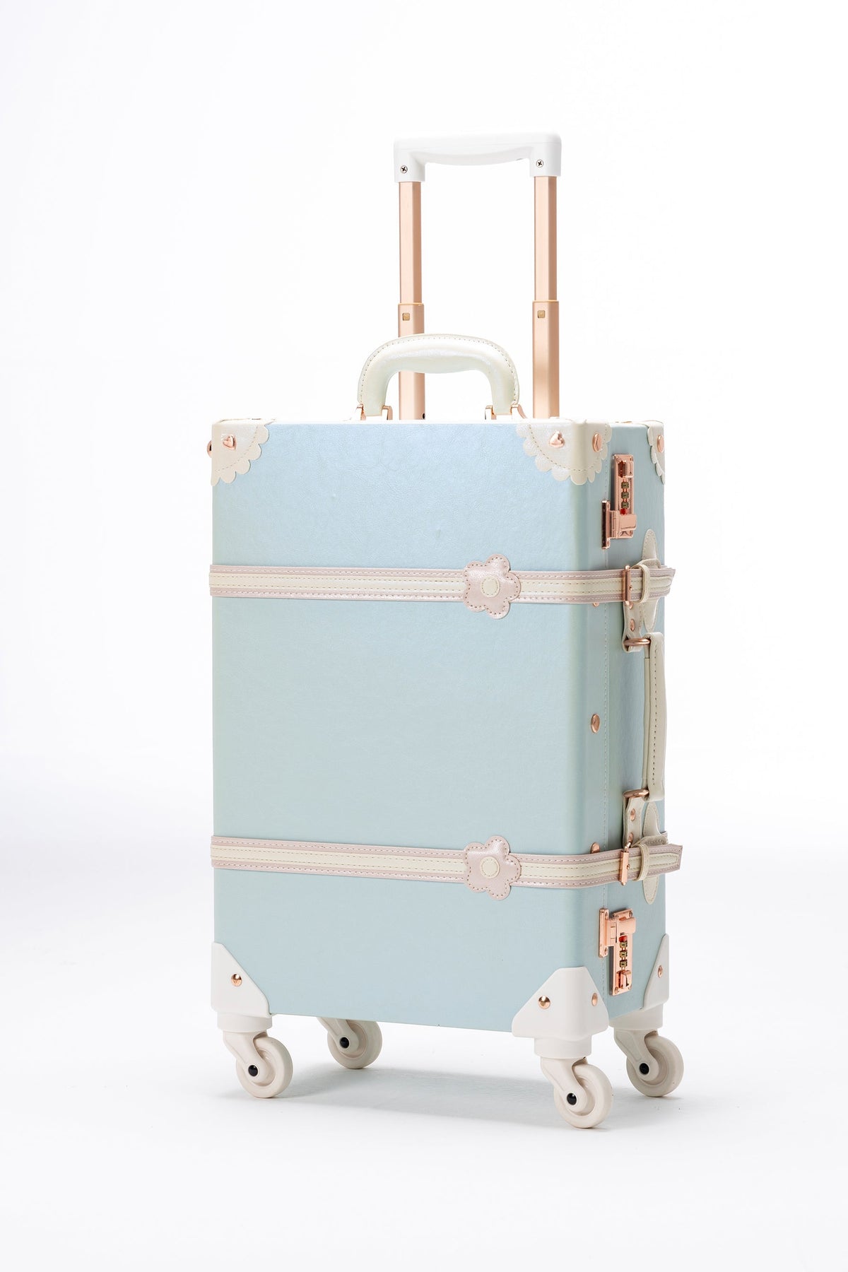Sky blue SarahFace Spinner Suitcase by COTRUNKAGE with four 360-degree spinner wheels and a sleek, hard-shell exterior.