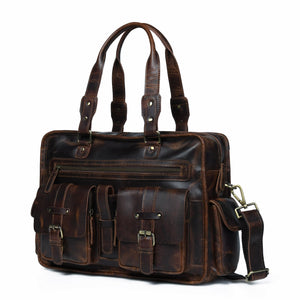 Classy Leather Bags Dryden Buffalo Briefcase showing brown leather exterior with handles and side compartments.