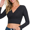 Zenana Ribbed Surplus Waist Band Long Sleeve Top - BLACK
