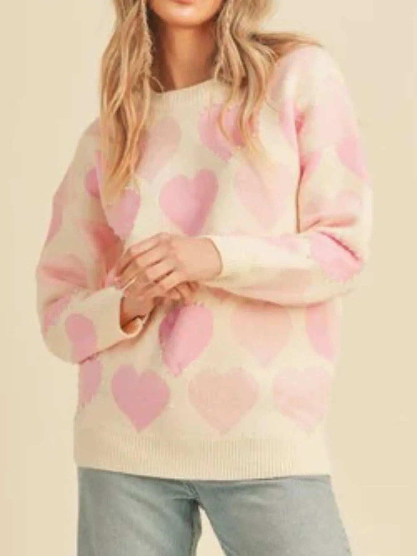 Heart Ribbed Hem Long Sleeve Sweater - Farnelli