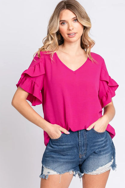 GeeGee V-Neck Ruffle Trim Short Sleeve Blouse - Farnelli