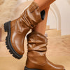 Round Toe Platform Boots - Brown