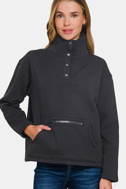 Zenana Turtleneck Half Snap Fleece Sweatshirt - Farnelli