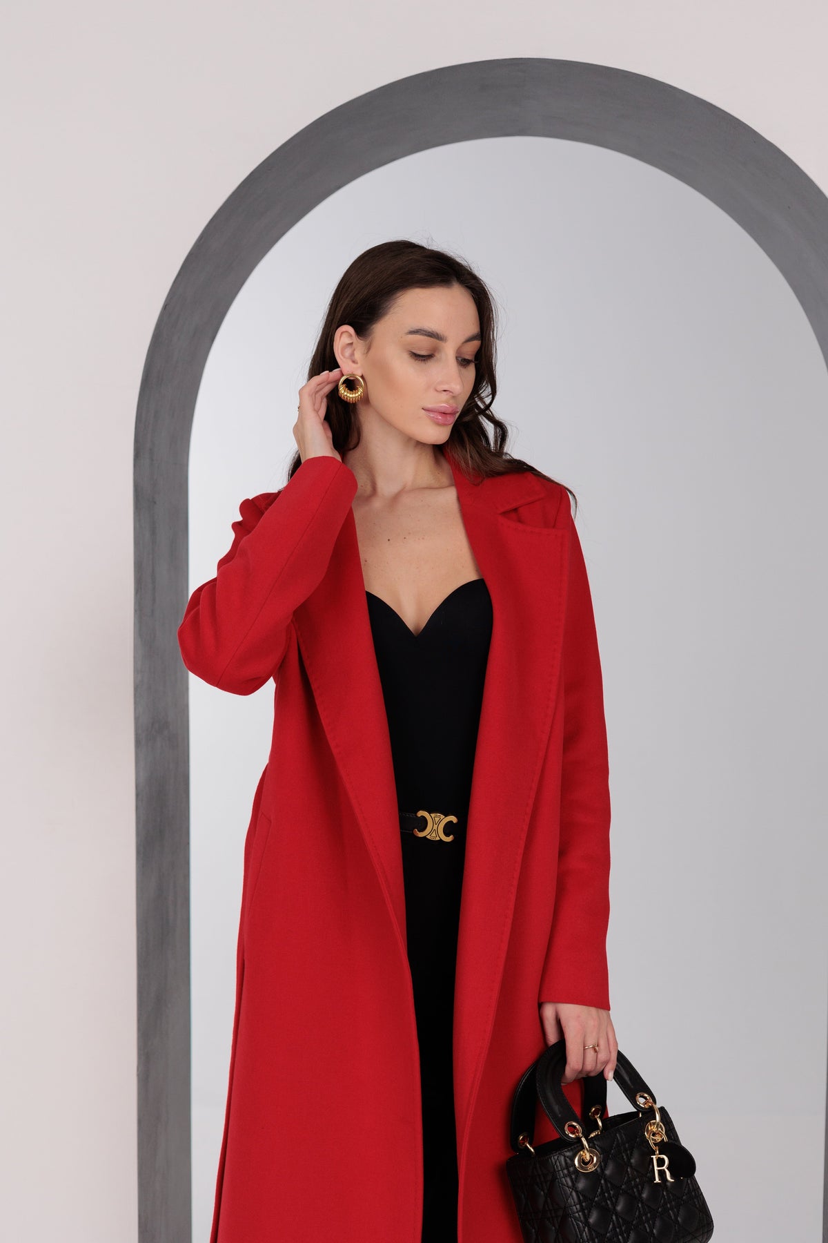 Alaska Outerwear Company Astoria red classic wraparound wool blend overcoat with a tailored silhouette