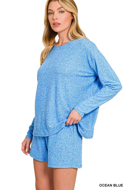 Zenana Soft Melange Long Sleeve Tee and Shorts Set - Farnelli