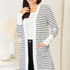 Double Take Striped Open Front Longline Cardigan - White