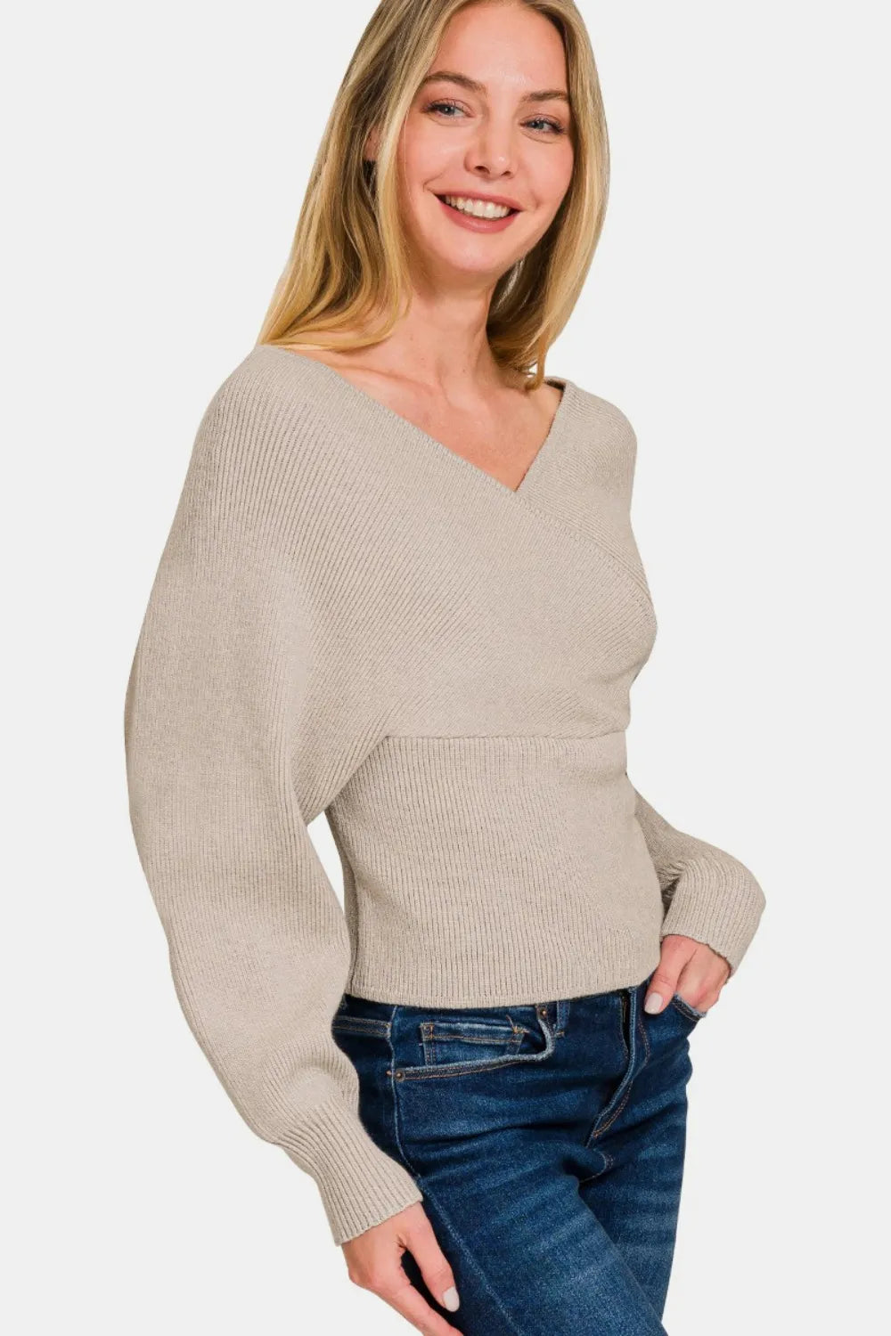 Zenana Cross Wrap Rib Long Sleeve Sweater - Farnelli