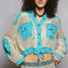 POL Texture Woven Button Down Hooded Shirt with Drawstring Hem - AQUA BLUE MULTI