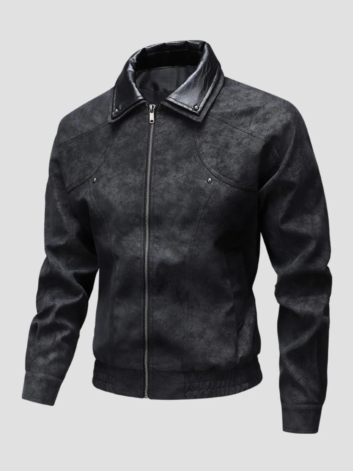 Men's Plus Size Leather Bomber Jacket with Full Zip Front - Farnelli