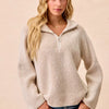 BiBi Two Tone Rib Texured Knit Collared Top with Zip Up - TAUPE