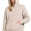 Zenana Fleece Acid Wash Kangaroo Pocket Hoodie - ASH MOCHA