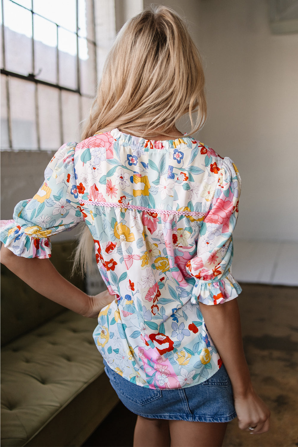 Solana Boho Flower Half Puff Sleeve Blouse - Farnelli