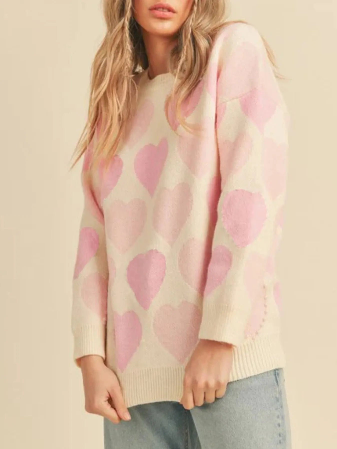 Heart Ribbed Hem Long Sleeve Sweater - Farnelli