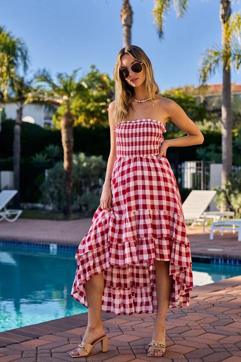 BiBi Smocked Body Off Shoulder Check Dress - Farnelli
