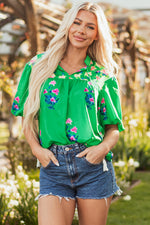 Ayah Floral Tie Split Neck Short Sleeve Blouse - Farnelli